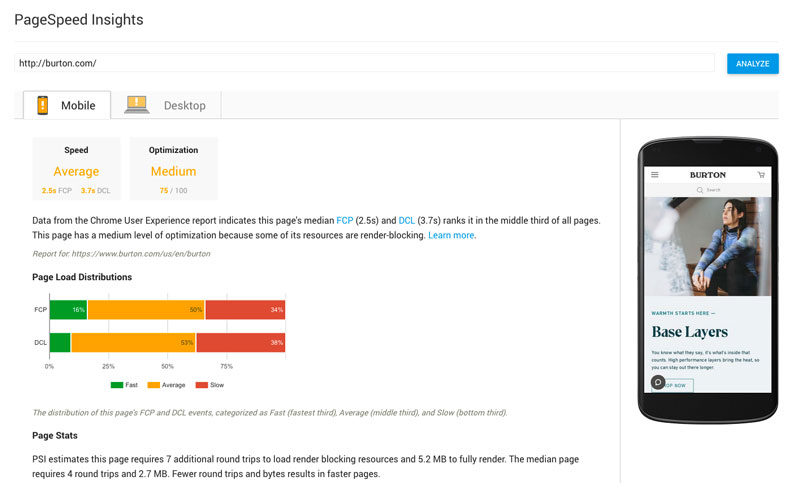 Google Insights page speed test