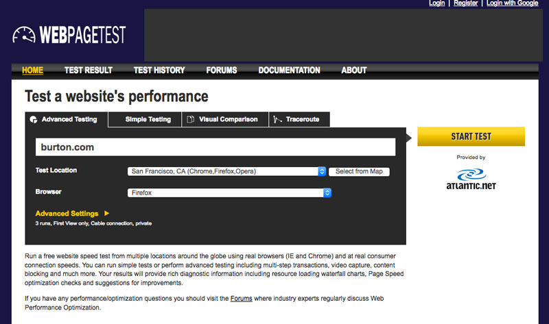 webpagetest.org page speed test